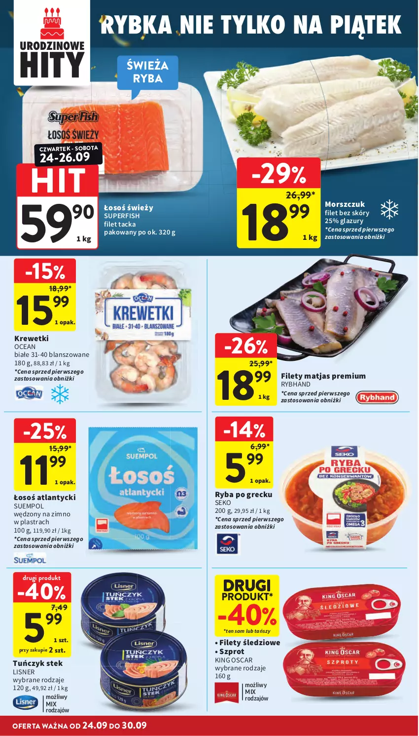 Gazetka promocyjna Intermarche - Gazetka promocyjna - ważna 24.09 do 30.09.2026 - strona 20 - produkty: Krewetki, Lazur, Lisner, Matjas, Ryba, Ryba po grecku, SEKO, Stek, Suempol, Szprot, Tuńczyk