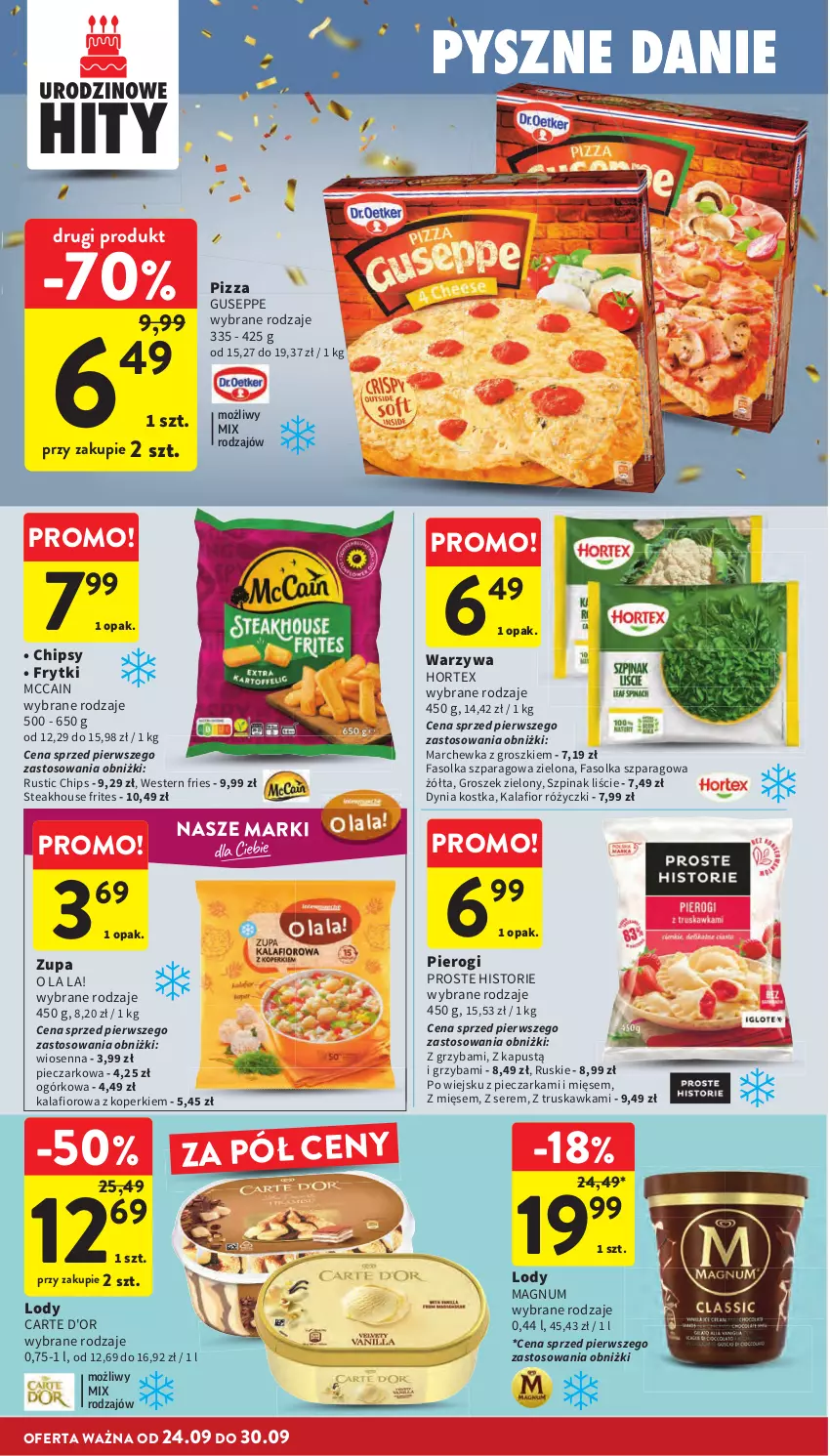 Gazetka promocyjna Intermarche - Gazetka promocyjna - ważna 24.09 do 30.09.2026 - strona 22 - produkty: Carte d'Or, Chipsy, Fa, Frytki, Groszek, Hortex, Kalafior, Kapustą, Lody, Marchewka, McCain, Piec, Pieczarka, Pierogi, Pizza, Rust, Ser, Szpinak, Warzywa, Zupa