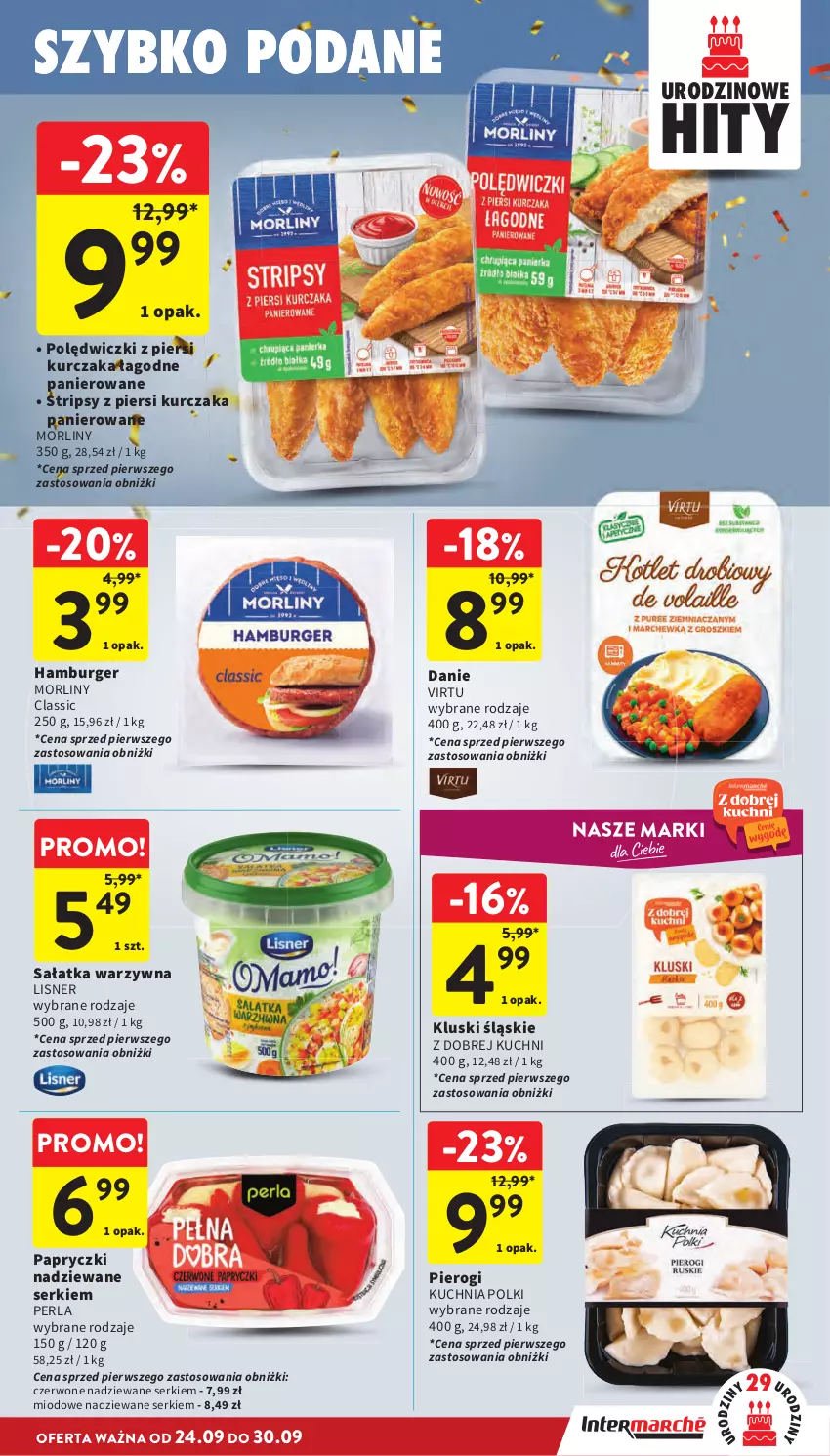Gazetka promocyjna Intermarche - Gazetka promocyjna - ważna 24.09 do 30.09.2026 - strona 23 - produkty: Burger, Hamburger, Kuchnia, Kurczak, Lisner, Morliny, Papryczki nadziewane, Pierogi, Sałat, Sałatka, Sałatka warzywna, Ser, Virtu