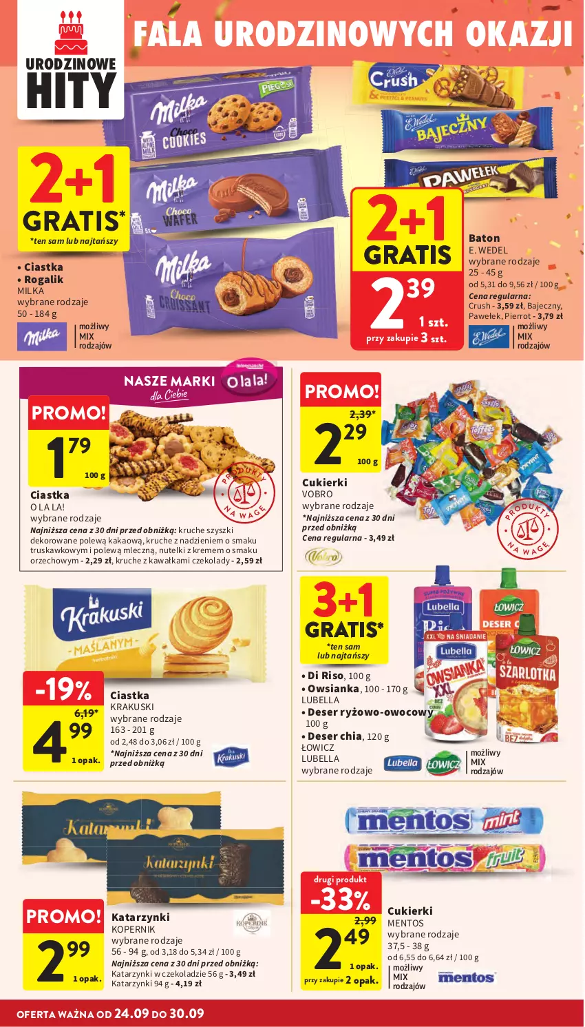 Gazetka promocyjna Intermarche - Gazetka promocyjna - ważna 24.09 do 30.09.2026 - strona 30 - produkty: Baton, Bell, Bella, Chia, Ciastka, Cukier, Cukierki, Deser, E. Wedel, Fa, Gra, Kakao, Kawa, Krakus, Krakuski, Lubella, Mentos, Milka, Owsianka, Rogal, Ryż, Ser