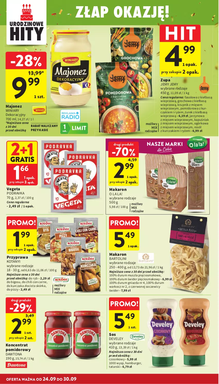 Gazetka promocyjna Intermarche - Gazetka promocyjna - ważna 24.09 do 30.09.2026 - strona 32 - produkty: Bigos, Burger, Dawtona, Fa, Gra, Groch, Hamburger, Koc, Koncentrat pomidorowy, Krupnik, Kurczak, Majonez, Makaron, Mus, Podravka, Rosół, Rum, Ryż, Sos, Vegeta, Winiary, Zupa