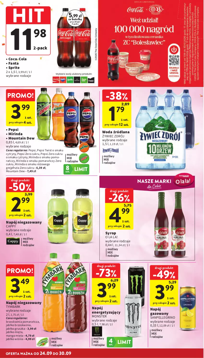 Gazetka promocyjna Intermarche - Gazetka promocyjna - ważna 24.09 do 30.09.2026 - strona 36 - produkty: Cappy, Coca-Cola, Cytryny, Fa, Fanta, Grejpfrut, LANA, Mango, Mięta, Mirinda, Napój, Napój gazowany, Napój niegazowany, Pepsi, Sprite, Syrop, Tymbark, Woda