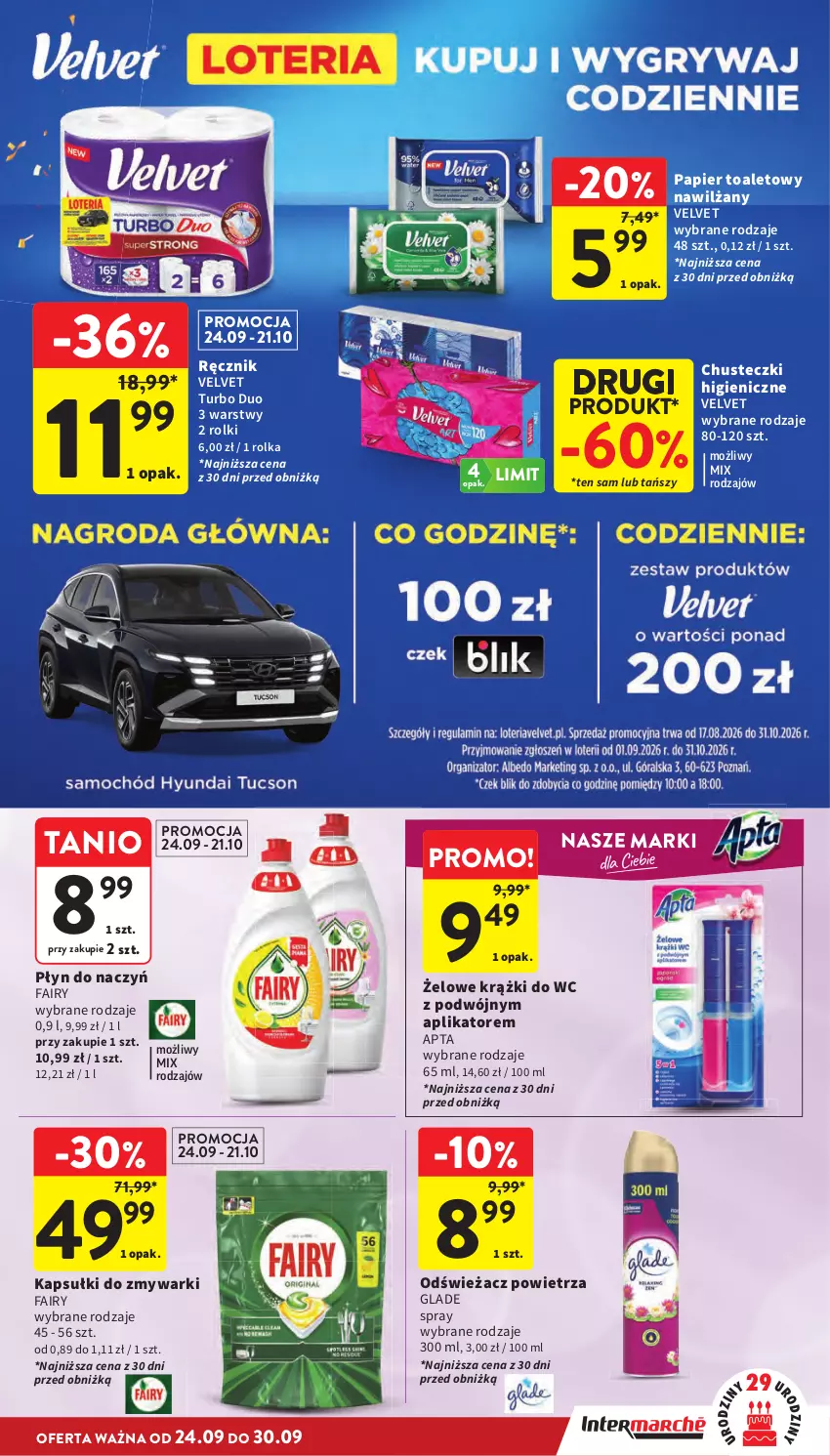 Gazetka promocyjna Intermarche - Gazetka promocyjna - ważna 24.09 do 30.09.2026 - strona 41 - produkty: Chusteczki, Fa, Fairy, Odświeżacz powietrza, Papier, Papier toaletowy, Ręcznik, Rolki, Velvet, Zmywarki