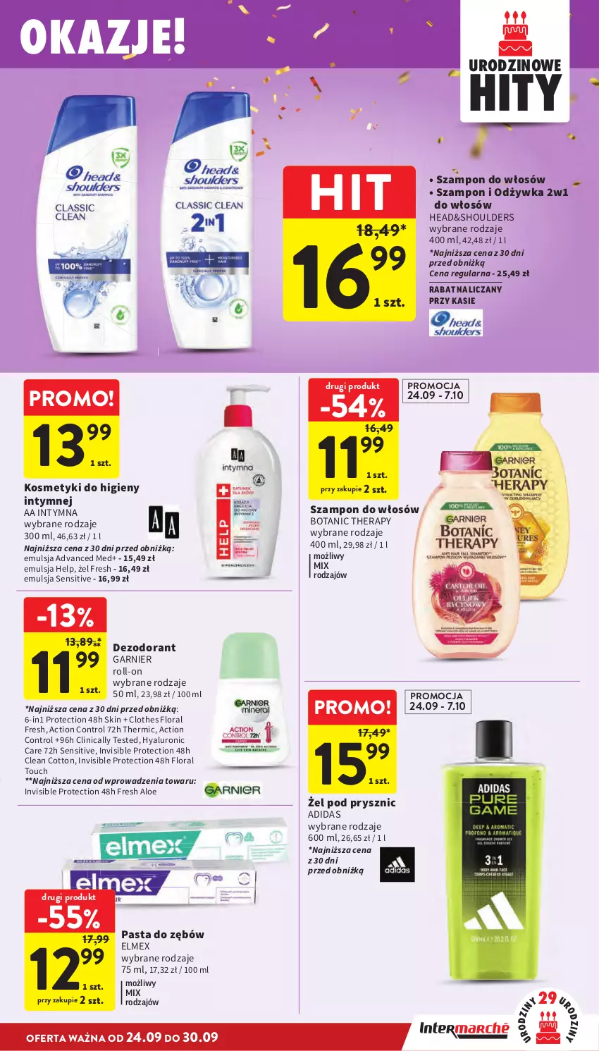 Gazetka promocyjna Intermarche - Gazetka promocyjna - ważna 24.09 do 30.09.2026 - strona 43 - produkty: Adidas, Clin, Control, Dezodorant, Elmex, Emulsja, Flora, Garnier, Odżywka, Pasta do zębów, Szampon