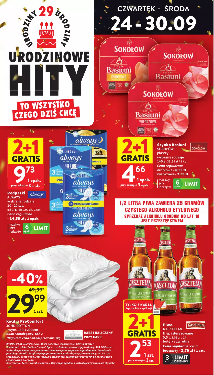 Gazetka promocyjna Intermarche - Gazetka promocyjna - ważna 24.09 do 30.09.2026 - strona 6 - produkty: Always, Gra, Kasztelan, Kołdra, Piwa, Piwo, Podpaski, Poduszka, Sok, Sokołów, Szynka