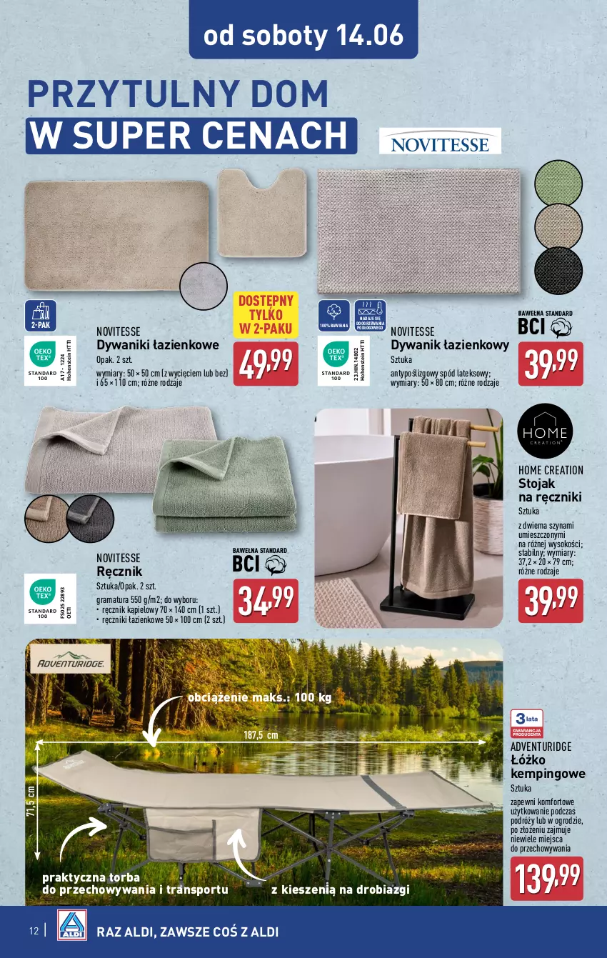 Gazetka promocyjna Aldi - Artykuły przemysłowe i tekstylia - ważna 11.06 do 14.06.2025 - strona 12 - produkty: Dywan, Dywanik, Dywanik łazienkowy, Gra, Por, Rama, Ręcznik, Ręcznik kąpielowy, Sok, Sport, Stojak, Szyna, Torba, Tran, Wełna