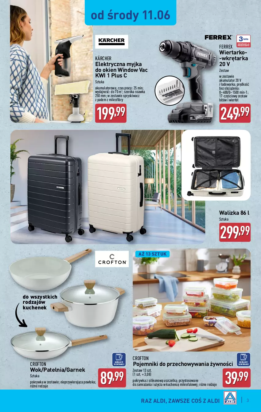 Gazetka promocyjna Aldi - Artykuły przemysłowe i tekstylia - ważna 11.06 do 14.06.2025 - strona 3 - produkty: Akumulator, Fa, Garnek, Kärcher, Myjka do okien, Patelnia, Pojemnik, Tarka, Walizka, Warka, Wkręt, Wkrętarka