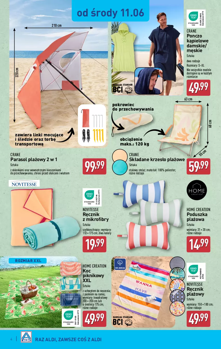 Gazetka promocyjna Aldi - Artykuły przemysłowe i tekstylia - ważna 11.06 do 14.06.2025 - strona 4 - produkty: Koc, Krzesło, Parasol, Poduszka, Pokrowiec, Ponczo, Por, Ręcznik, Sport, Tran, Wełna