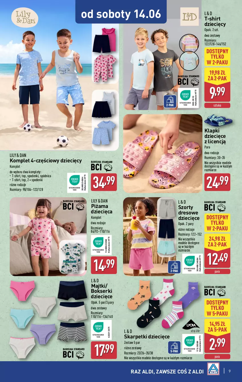 Gazetka promocyjna Aldi - Artykuły przemysłowe i tekstylia - ważna 11.06 do 14.06.2025 - strona 9 - produkty: Bokserki, Dres, Dzieci, Karp, Klapki, Majtki, Piżama, Ser, Skarpetki, Spódnica, Szorty, T-shirt, Top