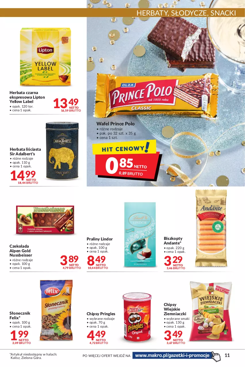 Gazetka promocyjna Makro - [Oferta promocyjna] Artykuły spożywcze i przemysłowe - ważna 27.12.2021 do 05.01.2022 - strona 11 - produkty: Biszkopty, Chipsy, Czekolada, Felix, Herbata, Herbata czarna, Lindor, Lipton, Praliny, Prince Polo, Pringles, Ser