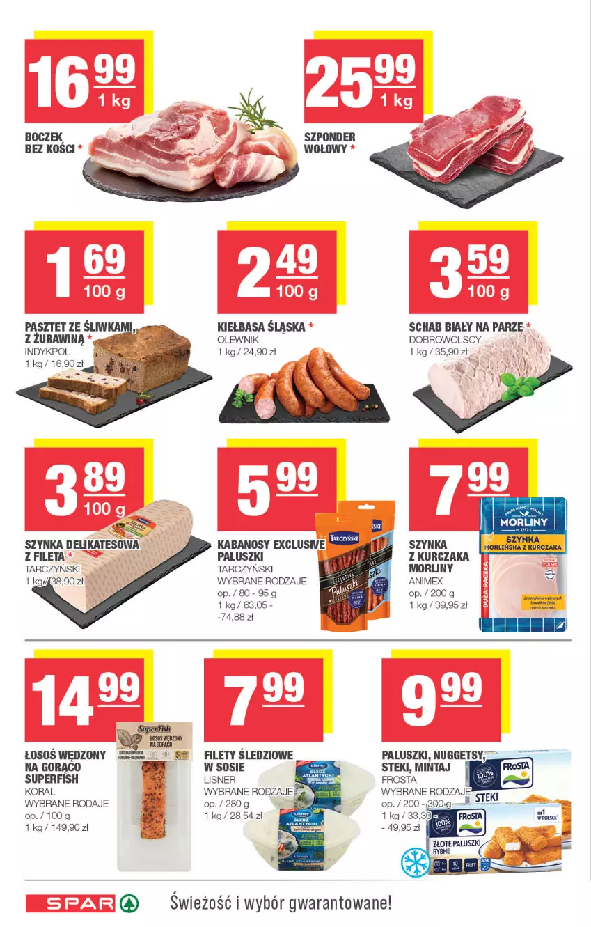 Gazetka promocyjna Spar - Spar - ważna 23.09 do 03.10.2024 - strona 4 - produkty: Boczek, Frosta, Kabanos, Kiełbasa, Kiełbasa śląska, Kurczak, Lisner, Mintaj, Morliny, Olewnik, Pasztet, Sos, Stek, Szynka, Szynka delikatesowa, Tarczyński