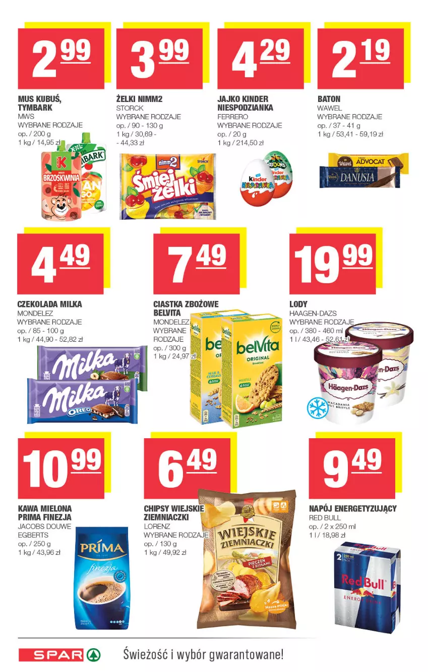 Gazetka promocyjna Spar - Spar - ważna 23.09 do 03.10.2024 - strona 6 - produkty: Baton, BelVita, Chipsy, Ciastka, Czekolada, Ferrero, Jacobs, Kawa, Kawa mielona, Kinder, Lody, Lorenz, Milka, Mus, Napój, Nimm2, Prima, Red Bull, Tymbark, Wawel