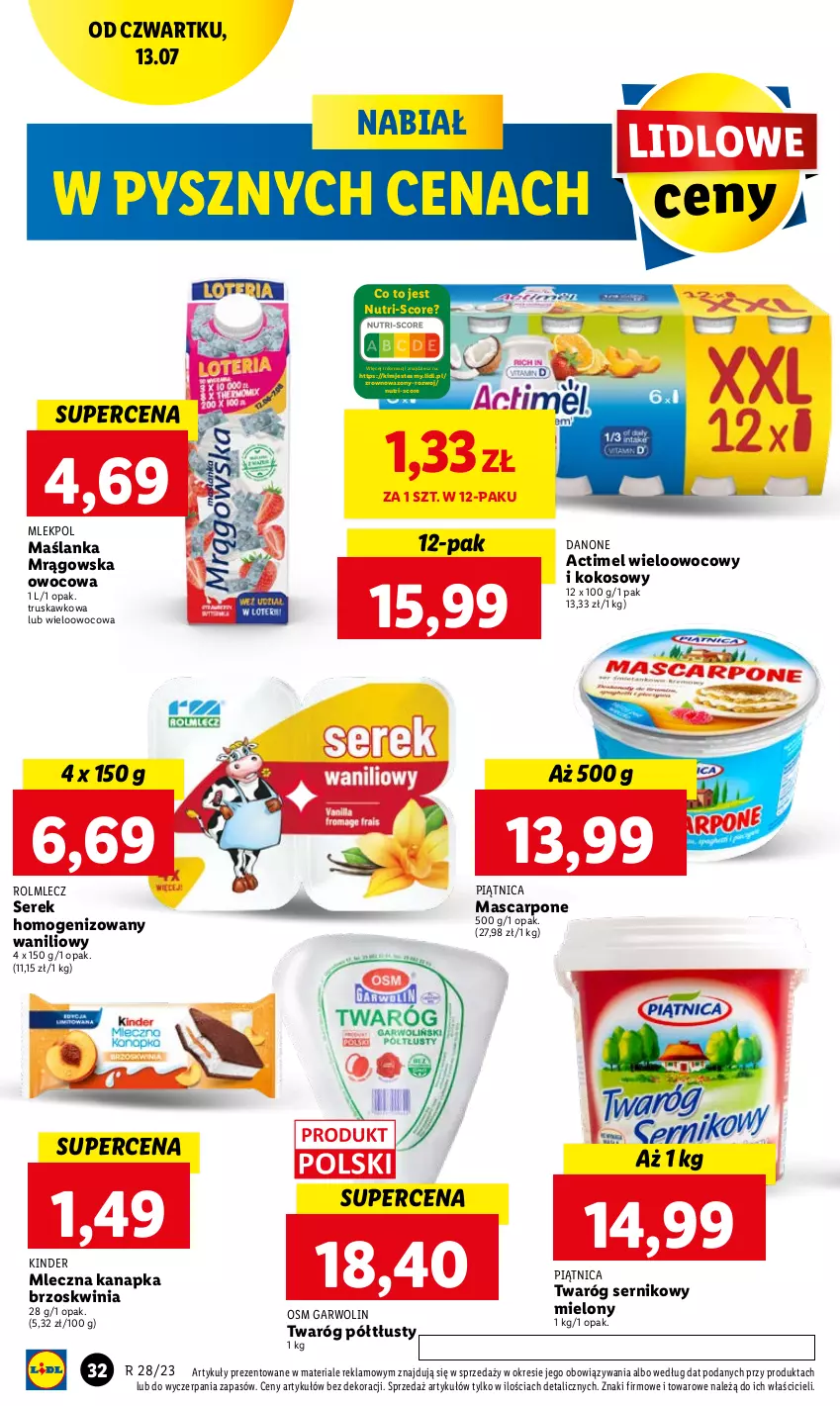 Gazetka promocyjna Lidl - GAZETKA - ważna 13.07 do 15.07.2023 - strona 46 - produkty: Actimel, Danone, Kinder, Kokos, Mascarpone, Maślanka, Mleczna kanapka, Piątnica, Rolmlecz, Ser, Serek, Serek homogenizowany, Twaróg, Twaróg półtłusty, Wazon