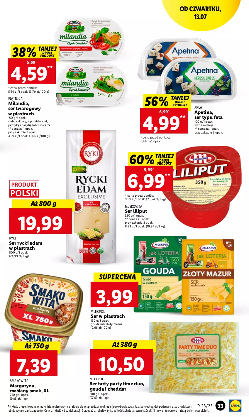 Gazetka promocyjna Lidl - GAZETKA - ważna 13.07 do 15.07.2023 - strona 47 - produkty: Bazyl, Cheddar, Edam, Feta, Gouda, Margaryna, Mleko, Mlekovita, Piątnica, Rycki Edam, Ser, Ser twarogowy, Smakowita, Złoty Mazur