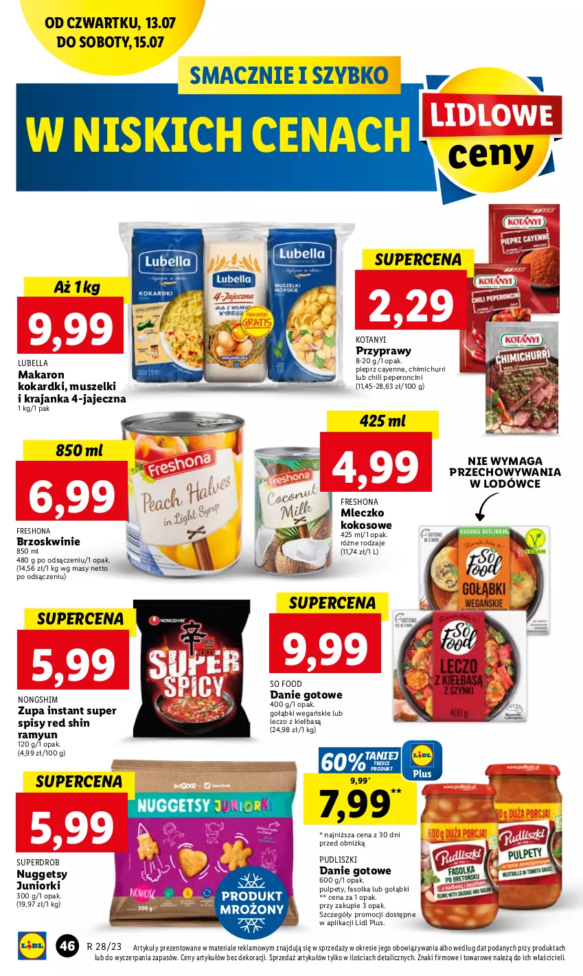 Gazetka promocyjna Lidl - GAZETKA - ważna 13.07 do 15.07.2023 - strona 60 - produkty: Bell, Bella, Brzoskwinie, Danie gotowe, Fa, Kokos, Lubella, Makaron, Mleczko, Mus, Pieprz, Przyprawy, Pudliszki, Pulpety, So Food, Zupa