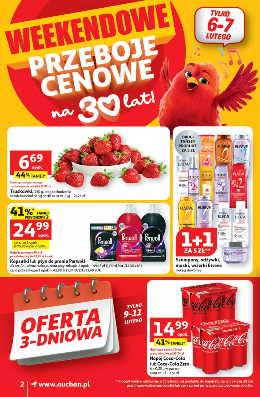 Gazetka promocyjna Auchan - 30 Lat Supermarket - ważna 05.02 do 11.02.2026 - strona 2 - produkty: Coca-Cola, Elseve, Napój, Perwoll, Płyn do prania, Szampon, Truskawki