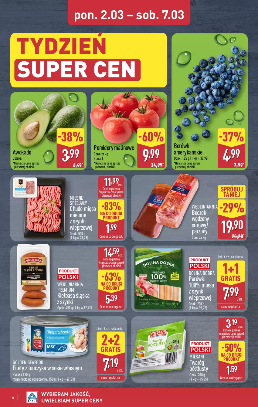 Gazetka promocyjna Aldi - Oferta weekendowa - ważna 05.03 do 07.03.2026 - strona 4 - produkty: Boczek, Golden Seafood, Gra, Kiełbasa, Kiełbasa śląska, Mięsne specjały, Mięso, Mięso mielone, Mięso mielone z szynki, Parówki, Pomidory, Sos, Tuńczyk, Twaróg, Twaróg półtłusty