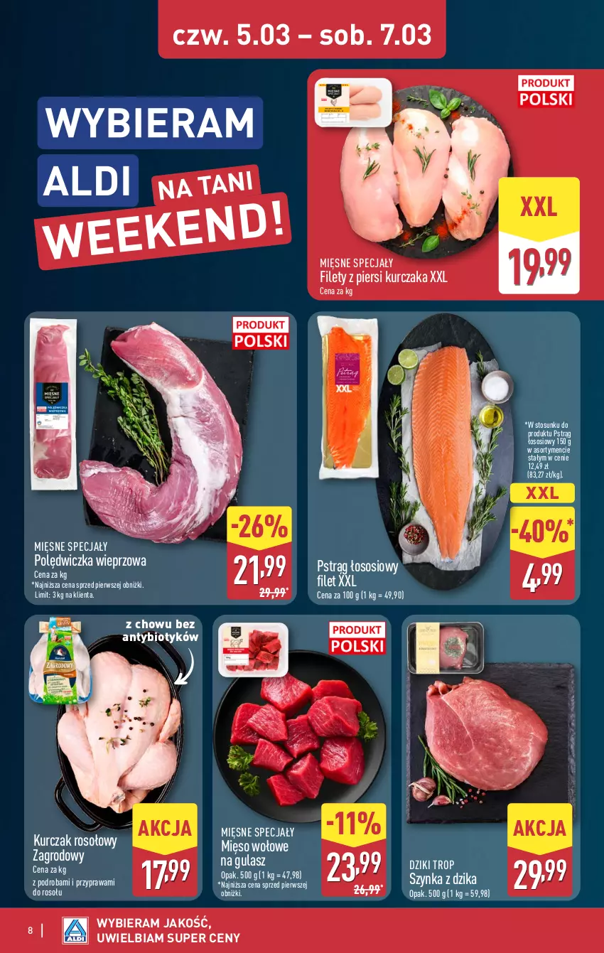 Gazetka promocyjna Aldi - Oferta weekendowa - ważna 05.03 do 07.03.2026 - strona 8 - produkty: Kurczak, Mięsne specjały, Mięso, Mięso wołowe, Polędwiczka wieprzowa, Pstrąg, Pstrąg łososiowy, Sos, Szynka