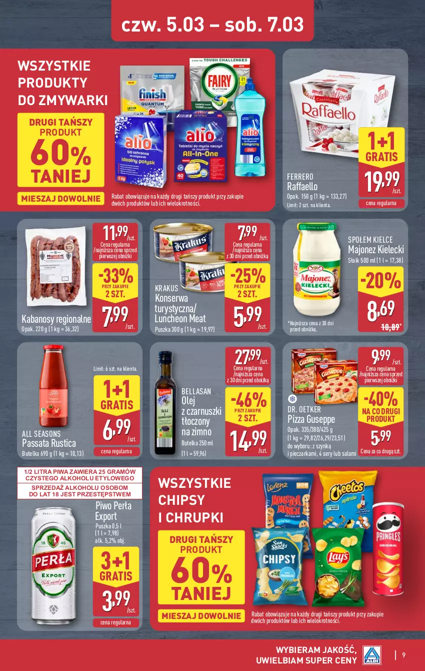 Gazetka promocyjna Aldi - Oferta weekendowa - ważna 05.03 do 07.03.2026 - strona 9 - produkty: All Seasons, Bell, Bella, Chipsy, Chrupki, Dr. Oetker, Fa, Ferrero, Gra, Kabanos, Konserwa turystyczna, Krakus, Majonez, Olej, Olej z czarnuszki, Perła, Piec, Pieczarka, Piwa, Piwo, Pizza, Por, Raffaello, Rust, Salami, Ser, Zmywarki