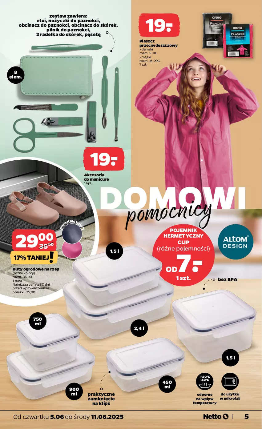 Gazetka promocyjna Netto - Od Czwartku Przemysłowa - ważna 05.06 do 11.06.2025 - strona 5 - produkty: Buty, Buty ogrodowe, Fa, Noż, Nożyczki, Pilnik, Pilnik do paznokci, Płaszcz, Pojemnik, Por