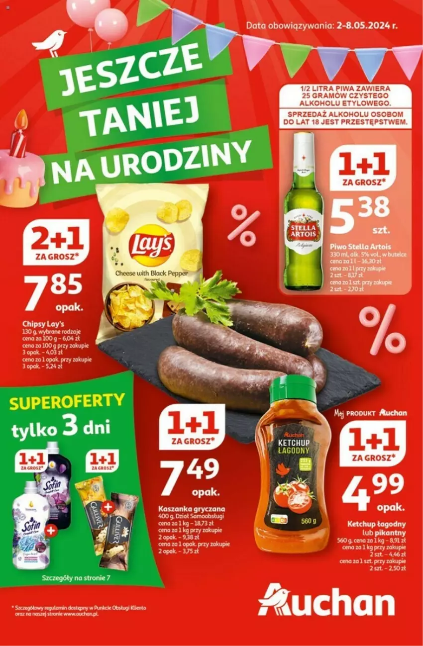 Gazetka promocyjna Auchan - ważna 02.05 do 08.05.2024 - strona 1 - produkty: Chipsy, Gra, Gry, Kasza, Kaszanka, Piwa, Piwo, Robot