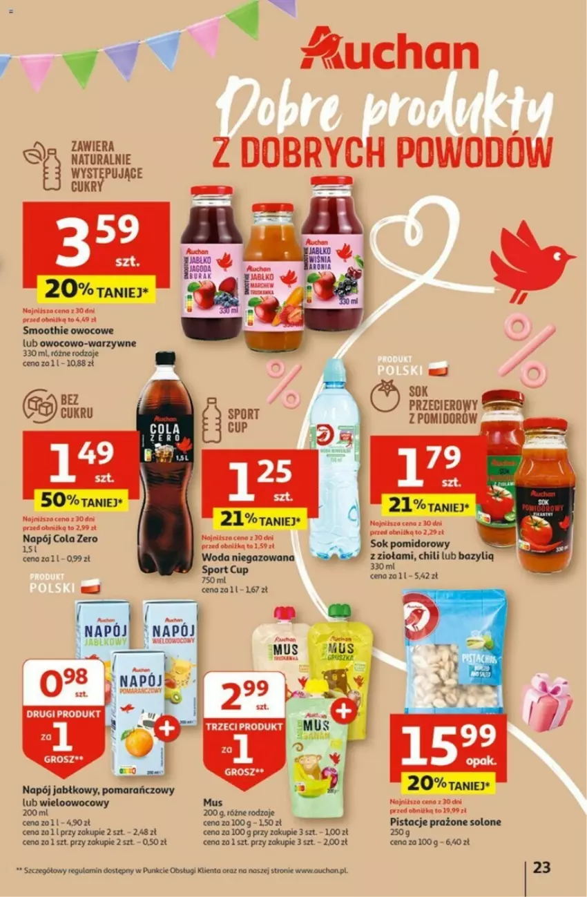 Gazetka promocyjna Auchan - ważna 02.05 do 08.05.2024 - strona 16 - produkty: Bazyl, Mus, Napój, Pistacje, Sok, Sok pomidorowy, Woda, Woda niegazowana