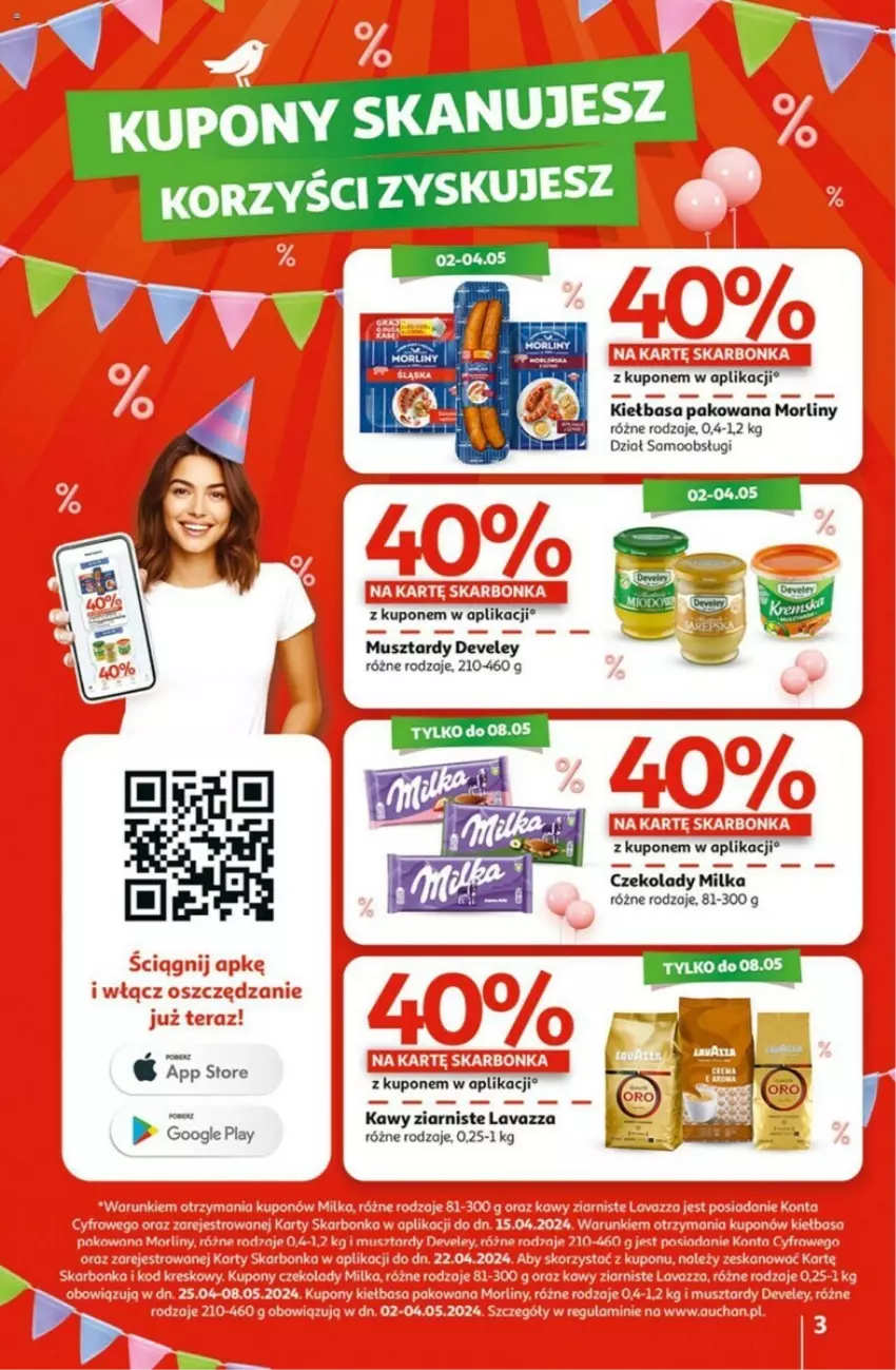 Gazetka promocyjna Auchan - ważna 02.05 do 08.05.2024 - strona 23 - produkty: Kiełbasa, Lavazza, Milka, Morliny, Mus
