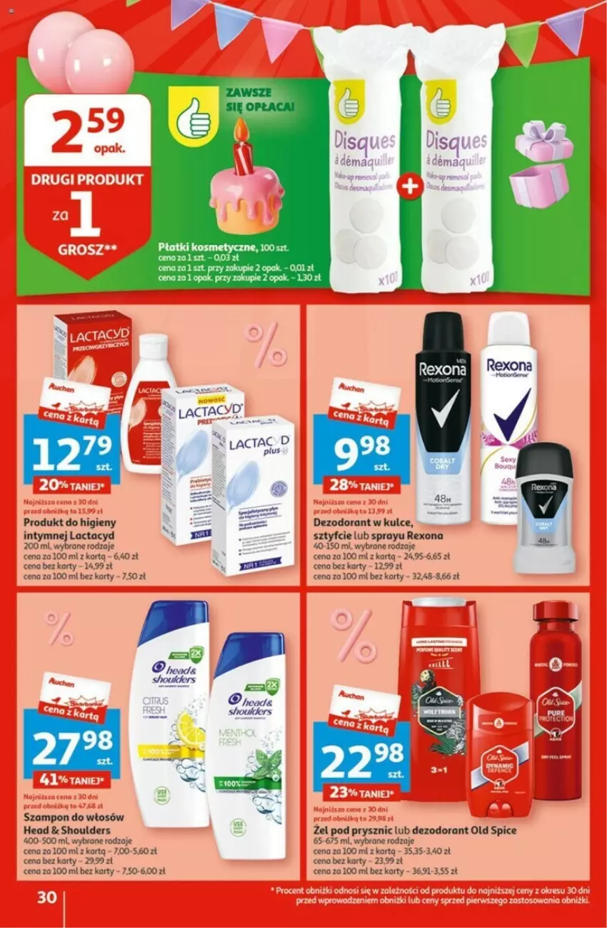 Gazetka promocyjna Auchan - ważna 02.05 do 08.05.2024 - strona 24 - produkty: Dezodorant, Lactacyd, Old Spice, Płatki kosmetyczne, Rexona, Szampon