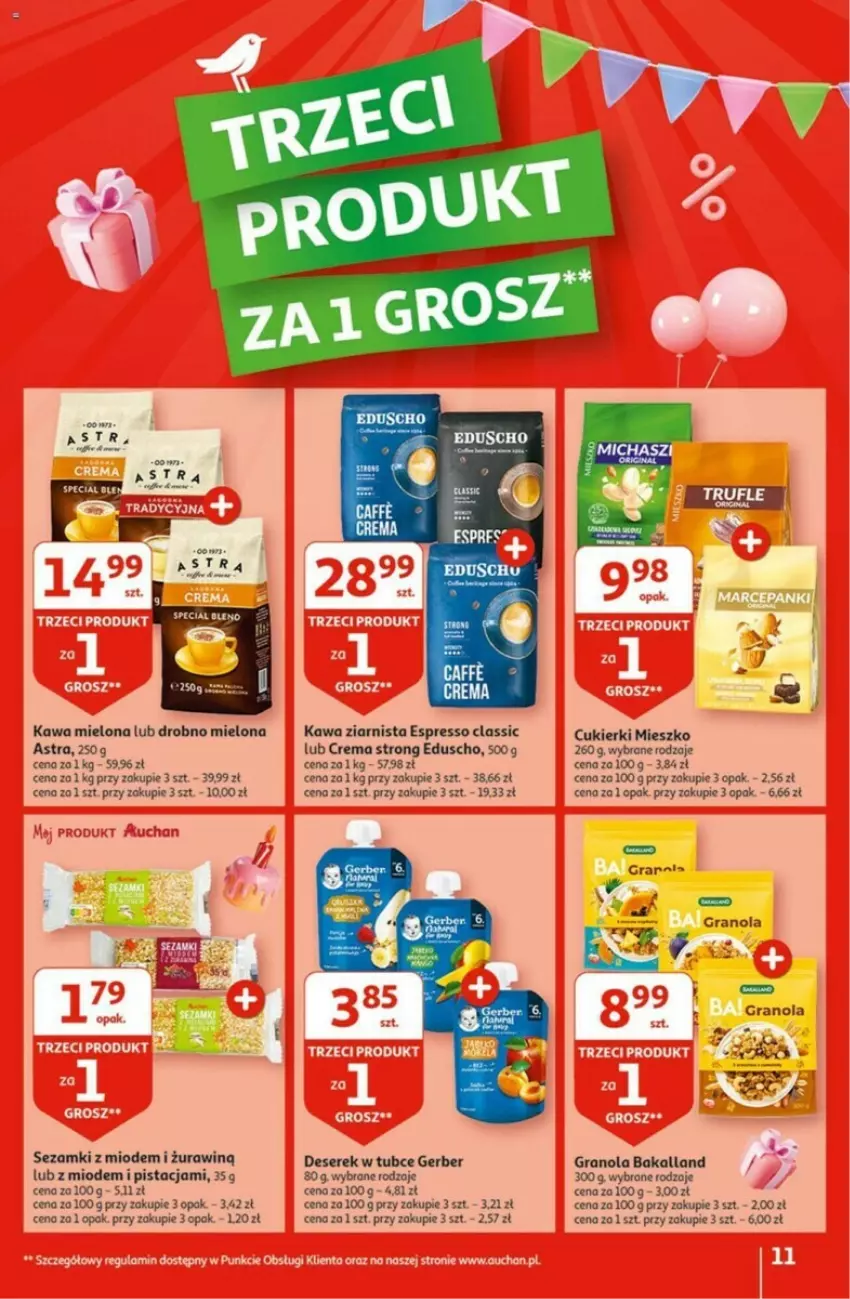 Gazetka promocyjna Auchan - ważna 02.05 do 08.05.2024 - strona 3 - produkty: Bakalland, Cukier, Cukierki, Deser, Gerber, Gra, Granola, Kawa, Kawa mielona, Kawa ziarnista, Ser, Serek, Sezam