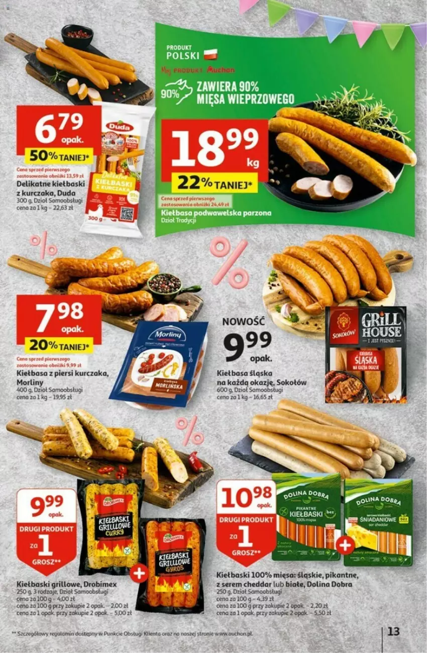 Gazetka promocyjna Auchan - ważna 02.05 do 08.05.2024 - strona 5 - produkty: Cheddar, Danio, Drobimex, Duda, Grill, Kiełbasa, Kiełbasa śląska, Kiełbasa z piersi kurczaka, Kurczak, Morliny, O nas, Ser, Sok, Sokołów, Wawel