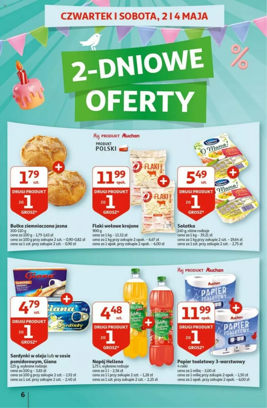 Gazetka promocyjna Auchan - ważna 02.05 do 08.05.2024 - strona 56 - produkty: Bułka, Flaki, Flaki wołowe, Hellena, Napój, Olej, Papier, Papier toaletowy, Rolki, Sałat, Sałatka, Sardynki, Sos