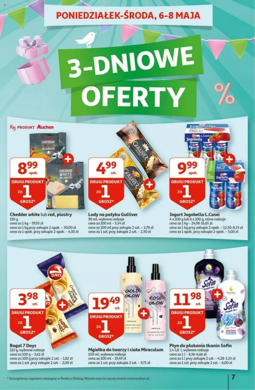 Gazetka promocyjna Auchan - ważna 02.05 do 08.05.2024 - strona 61 - produkty: 7 Days, Bell, Bella, Cheddar, Jogobella, Jogurt, Lody, Mgiełka do twarzy, Płyn do płukania, Rogal