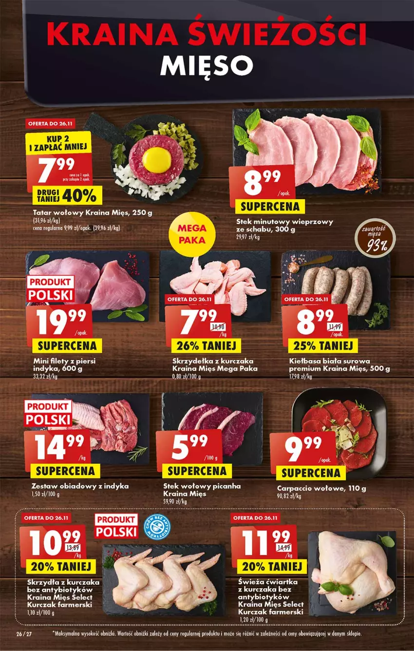 Gazetka promocyjna Biedronka - W tym tygodniu - ważna 24.11 do 30.11.2022 - strona 26 - produkty: Carpaccio, Fa, Gra, Kiełbasa, Kiełbasa biała, Kurczak, Razer, Skrzydełka z kurczaka, Sok, Stek, Stek wołowy, Tatar wołowy