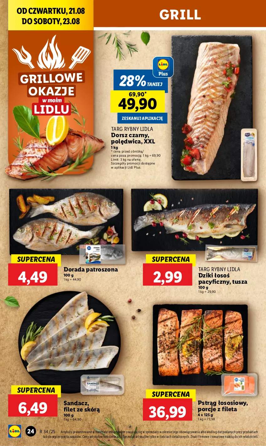 Gazetka promocyjna Lidl - GAZETKA - ważna 21.08 do 23.08.2025 - strona 28 - produkty: Dorsz, Grill, Polędwica, Por, Pstrąg, Pstrąg łososiowy, Sandacz, Sos, Tusz