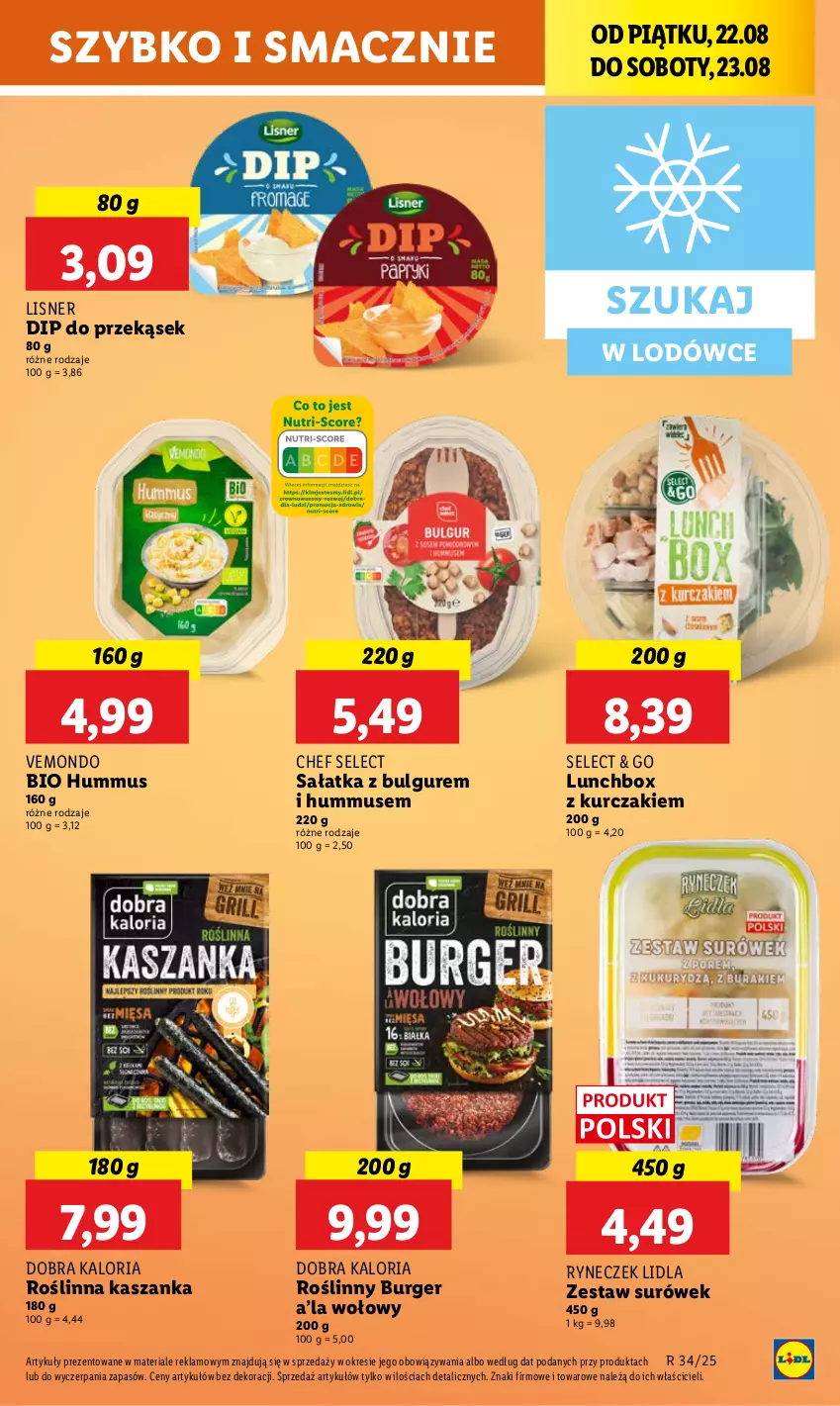 Gazetka promocyjna Lidl - GAZETKA - ważna 21.08 do 23.08.2025 - strona 33 - produkty: Bulgur, Burger, Hummus, Kasza, Kaszanka, Kurczak, LG, Lisner, Mus, Roślinny burger, Sałat, Sałatka