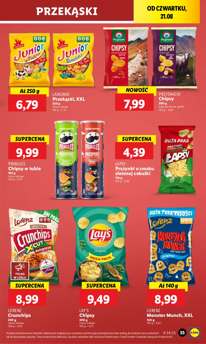 Gazetka promocyjna Lidl - GAZETKA - ważna 21.08 do 23.08.2025 - strona 43 - produkty: Chipsy, Crunchips, Lajkonik, Lay’s, Lorenz, Monster Munch, Papryka, Pringles, Przysnacki, Ser