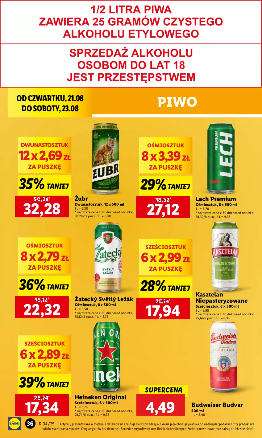 Gazetka promocyjna Lidl - GAZETKA - ważna 21.08 do 23.08.2025 - strona 44 - produkty: Gin, Heineken, Kasztelan, Lech Premium, Piwo, Ser