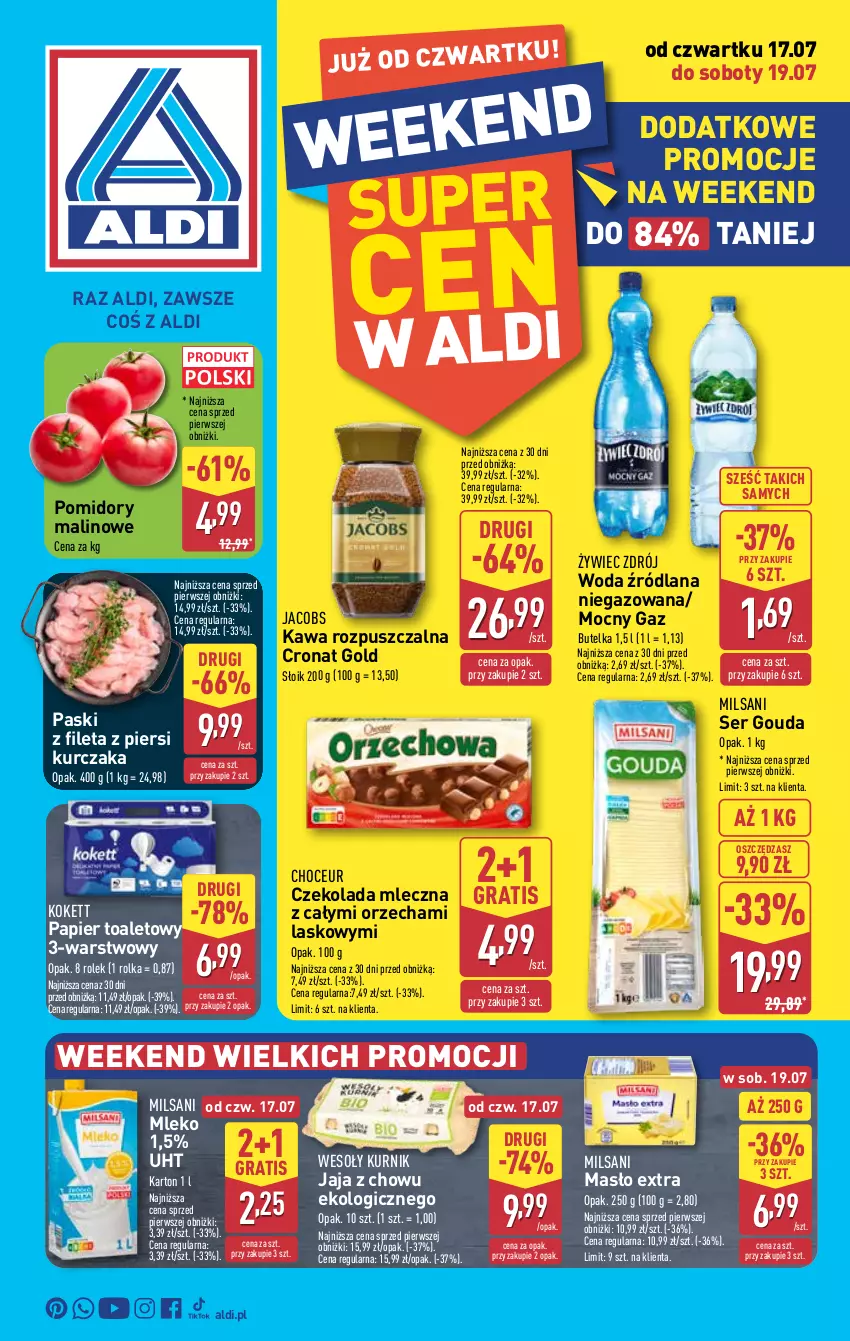 Gazetka promocyjna Aldi - Oferta weekendowa - ważna 17.07 do 19.07.2025 - strona 1 - produkty: Czekolada, Czekolada mleczna, Gouda, Gra, Jacobs, Jaja, Kawa, Kawa rozpuszczalna, Kurczak, LANA, Masło, Mleko, Papier, Papier toaletowy, Pomidory, Ser, Woda
