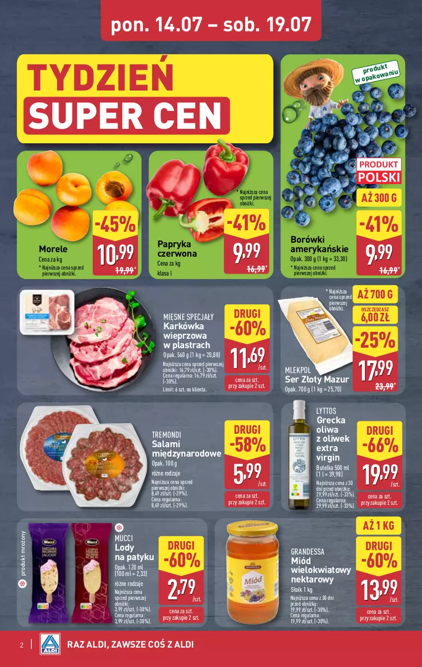 Gazetka promocyjna Aldi - Oferta weekendowa - ważna 17.07 do 19.07.2025 - strona 2 - produkty: Gin, Gra, Karkówka wieprzowa, Lody, Mięsne specjały, Miód, Nektar, Oliwa, Oliwa z oliwek, Papryka, Papryka czerwona, Salami, Ser, Złoty Mazur