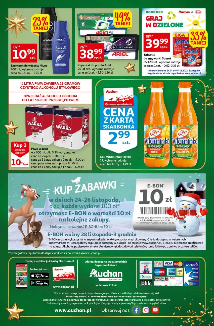 Gazetka promocyjna Auchan - Gazetka Magia Oszczędzania Auchan Supermarket - ważna 24.11 do 30.11.2022 - strona 8 - produkty: Ariel, Fa, Gra, Hortex, Inka, Kapsułki do prania, Nivea, Olej, Papier, Piwa, Piwo, Por, Ser, Sok, Sól, Somat, Szampon, Tablet, Telefon, Tera, Top, Warka, Zmywarki