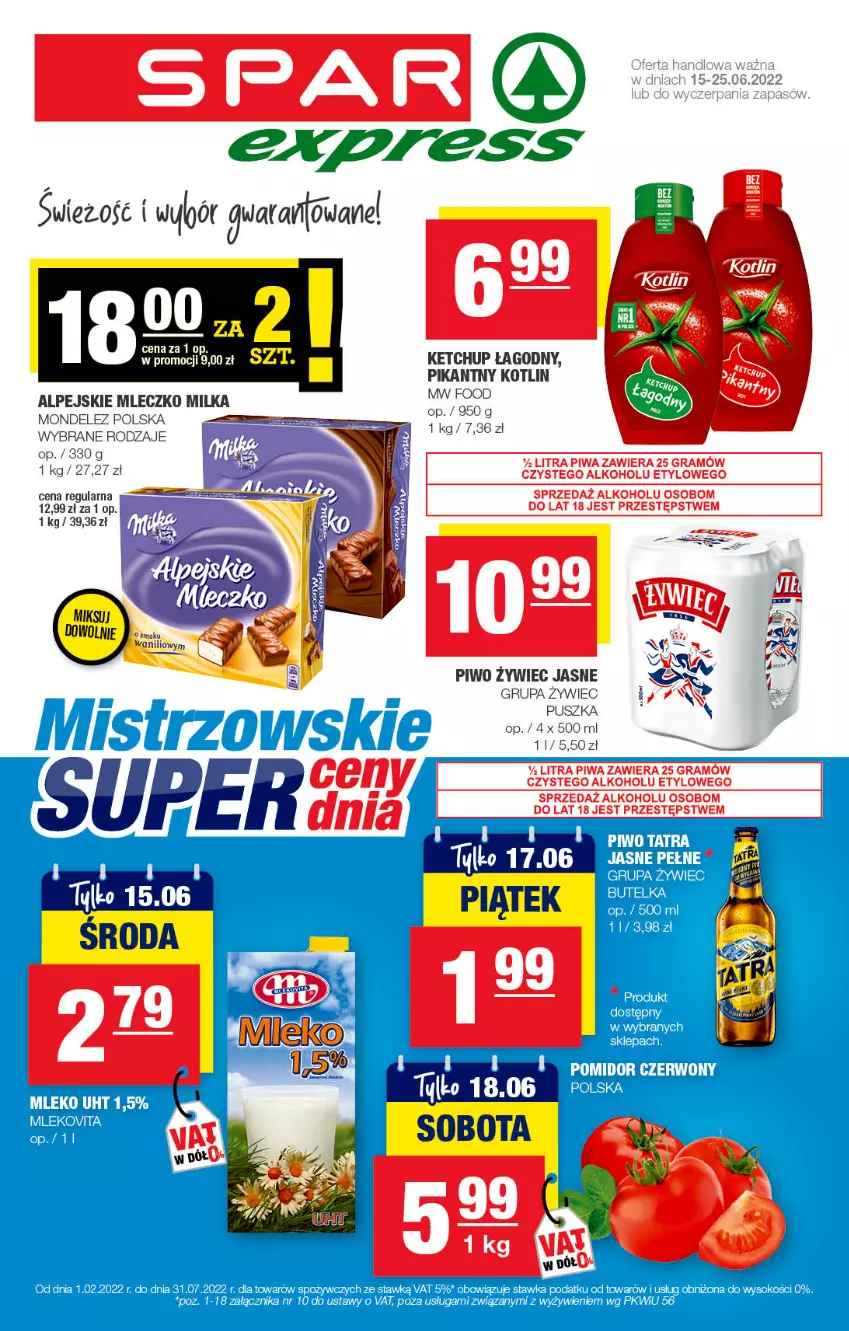 Gazetka promocyjna Spar - SparExpress - ważna 12.06 do 22.06.2022 - strona 1 - produkty: Gra, Ketchup, Kotlin, Milka, Mleczko, Piwa, Piwo