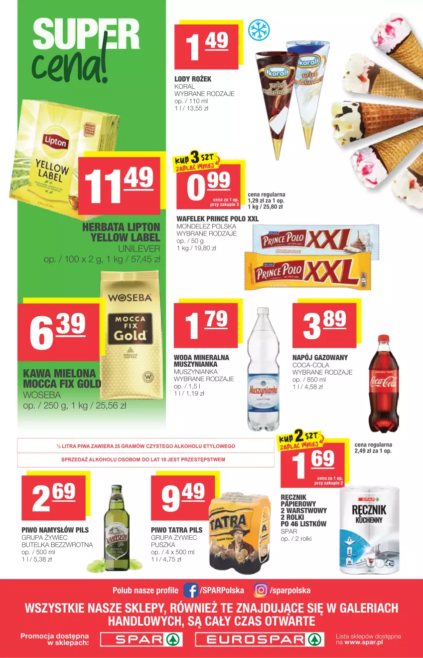 Gazetka promocyjna Spar - Eurospar - ważna 07.04 do 13.04.2021 - strona 4 - produkty: Coca-Cola, Lody, Mus, Muszynianka, Namysłów, Napój, Napój gazowany, Papier, Piwo, Prince Polo, Ręcznik, Rolki, Szyna, Tatra, Wafelek, Woda, Woda mineralna