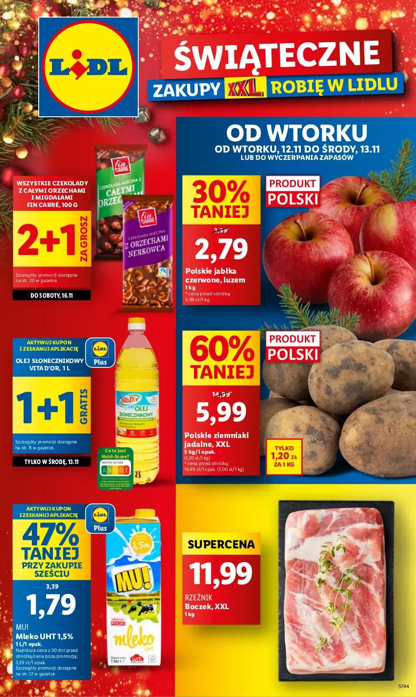 Gazetka promocyjna Lidl - GAZETKA - ważna 12.11 do 13.11.2024 - strona 1 - produkty: Boczek, Gra, Jabłka, LG, Mleko, Olej, Olej słonecznikowy, Sok, Wazon, Ziemniaki