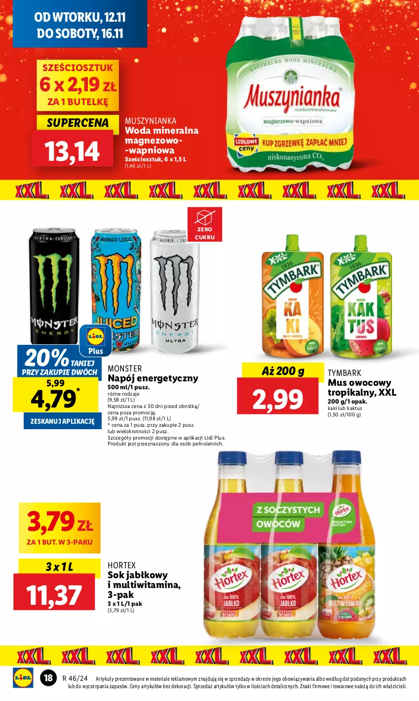 Gazetka promocyjna Lidl - GAZETKA - ważna 12.11 do 13.11.2024 - strona 20 - produkty: Hortex, Kaki, Kaktus, Magnez, Mus, Muszynianka, Napój, Napój energetyczny, Sok, Sok jabłkowy, Tymbark, Woda, Woda mineralna