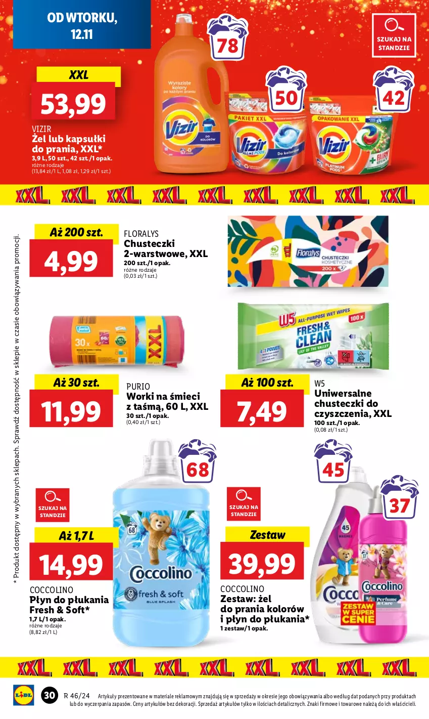 Gazetka promocyjna Lidl - GAZETKA - ważna 12.11 do 13.11.2024 - strona 32 - produkty: Chusteczki, Chusteczki do czyszczenia, Coccolino, Flora, Kapsułki do prania, Płyn do płukania, Pur, Vizir, Worki na śmiec, Worki na śmieci