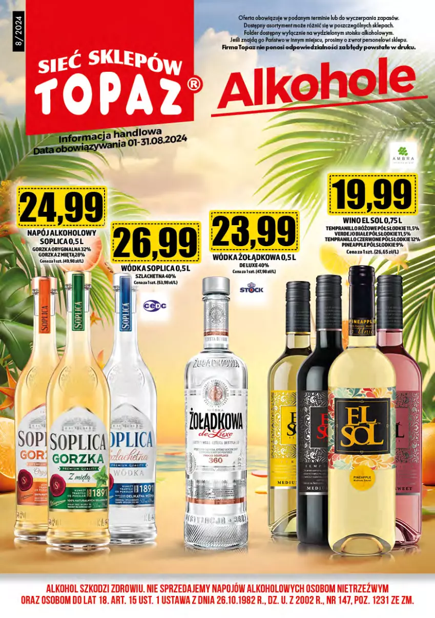 Gazetka promocyjna Topaz - Gazetka - ważna 01.08 do 31.08.2024 - strona 1 - produkty: Acana, Soplica, Tera, Top, Wódka