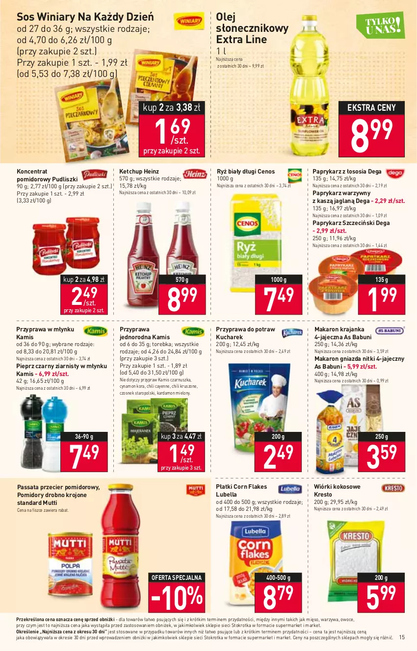 Gazetka promocyjna Stokrotka - Supermarket - ważna 23.02 do 01.03.2023 - strona 15 - produkty: Babuni, Bell, Bella, Cenos, Corn flakes, Czosnek, Dega, Heinz, Kamis, Ketchup, Kokos, Koncentrat pomidorowy, Kucharek, Lubella, Makaron, Mięso, Olej, Olej słonecznikowy, Owoce, Papryka, Paprykarz, Paprykarz szczeciński, Pieprz, Pomidory, Przyprawa do potraw, Pudliszki, Ryż, Ryż biały, Sos, Torebka, Warzywa, Winiary, Wiórki kokosowe