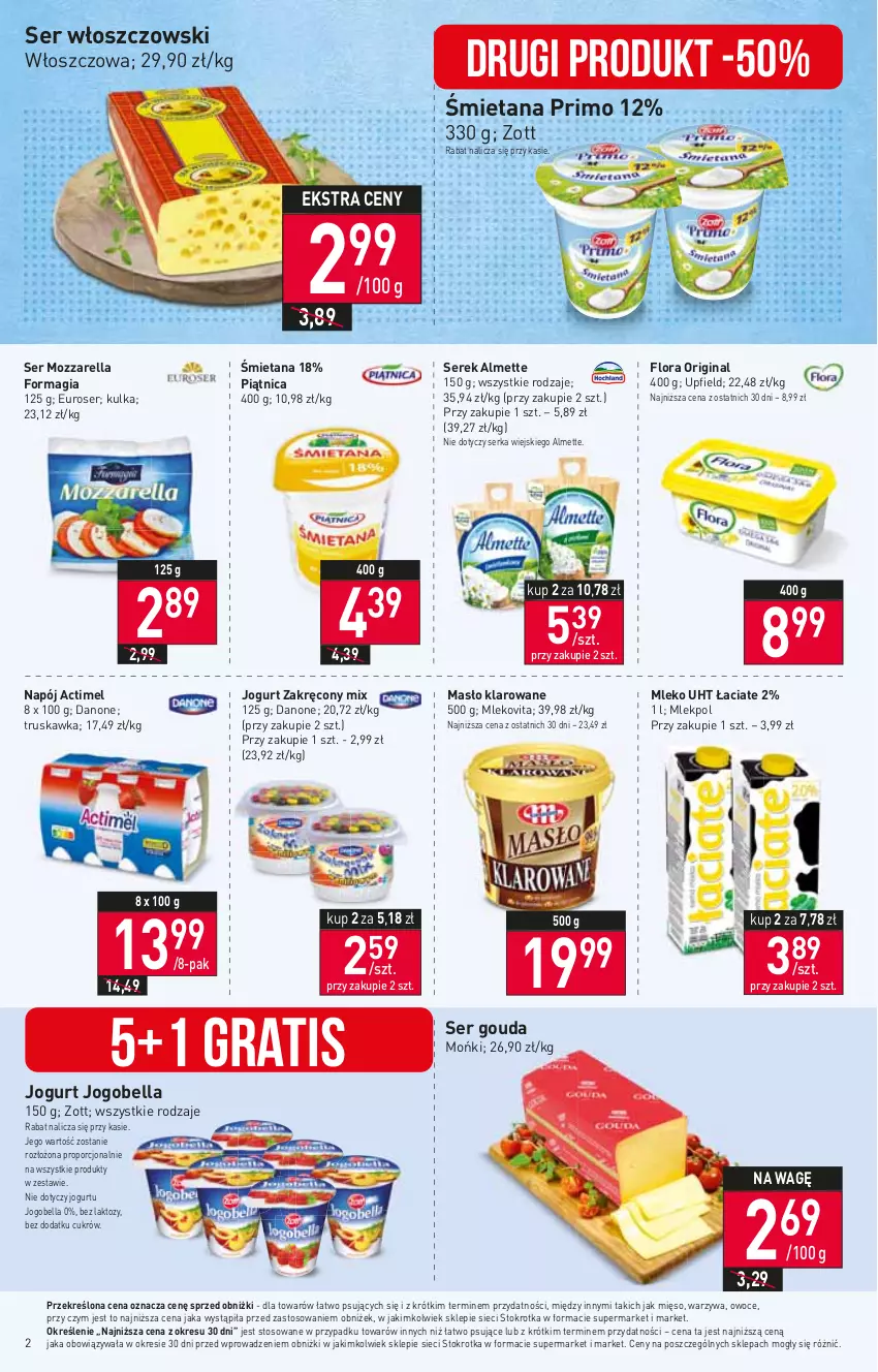 Gazetka promocyjna Stokrotka - Supermarket - ważna 23.02 do 01.03.2023 - strona 2 - produkty: Actimel, Almette, Bell, Bella, Danone, Flora, Gin, Gouda, Gra, Jogobella, Jogurt, Masło, Masło klarowane, Mięso, Mleko, Mlekovita, Mozzarella, Napój, Owoce, Piątnica, Por, Ser, Serek, Warzywa, Włoszczowski, Zott