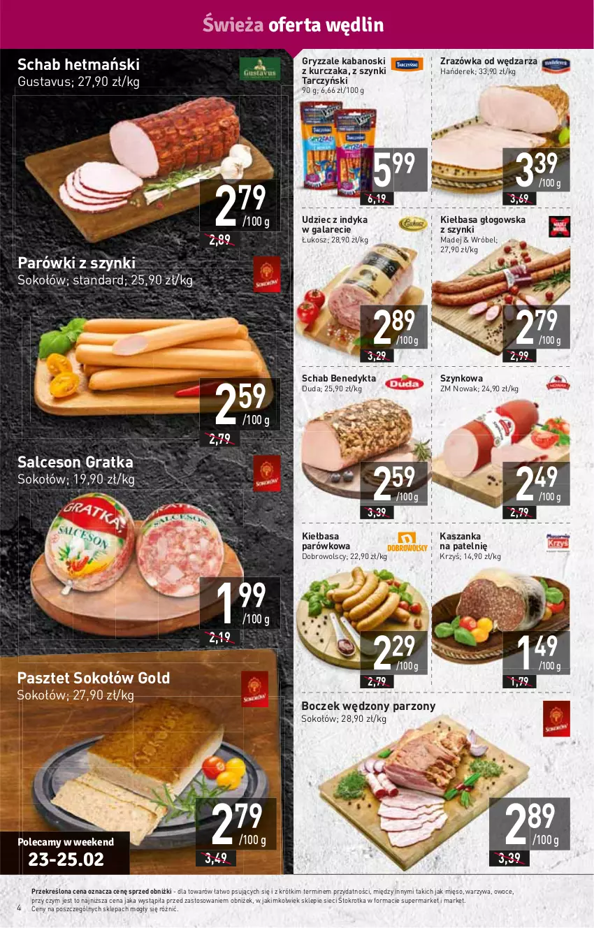 Gazetka promocyjna Stokrotka - Supermarket - ważna 23.02 do 01.03.2023 - strona 4 - produkty: Boczek, Duda, Gala, Gra, Gry, HP, Kabanos, Kasza, Kaszanka, Kiełbasa, Kiełbasa głogowska, Kosz, Kurczak, Mięso, NOWAK, Owoce, Parówki, Parówki z szynki, Pasztet, Salceson, Schab Benedykta, Sok, Sokołów, Tarczyński, Udziec z indyka, Udziec z indyka w galarecie, Warzywa