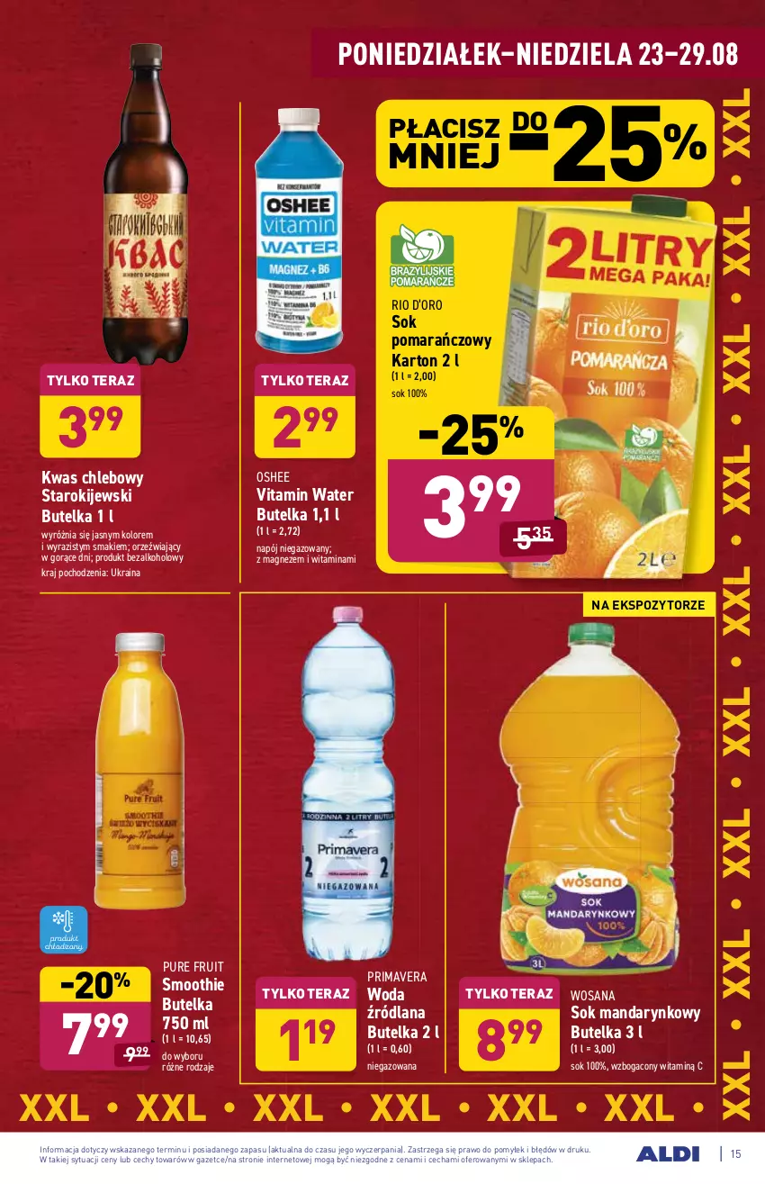 Gazetka promocyjna Aldi - SUPER SMACZNE OKAZJE - ważna 23.08 do 29.08.2021 - strona 15 - produkty: Chleb, Kije, LANA, Magnez, Napój, Napój niegazowany, Oshee, Prima, Primavera, Pur, Smoothie, Sok, Sok pomarańczowy, Tera, Woda, Wosana